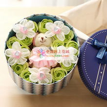 库尔勒网上花店 商品内容 产品包含 15朵香皂花,9颗费列罗巧克力,一只婚礼熊 礼盒尺寸 直径20 高12cm