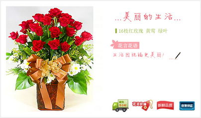 肇源网上花店 商品内容 红玫瑰16枝 黄莺 绿叶 商品包装 精致花篮